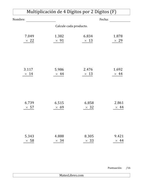 La hoja de ejercicios de Multiplicar Números de 4 Dígitos por 2 Dígitos Usando Comas como Separadores de Millares (F)