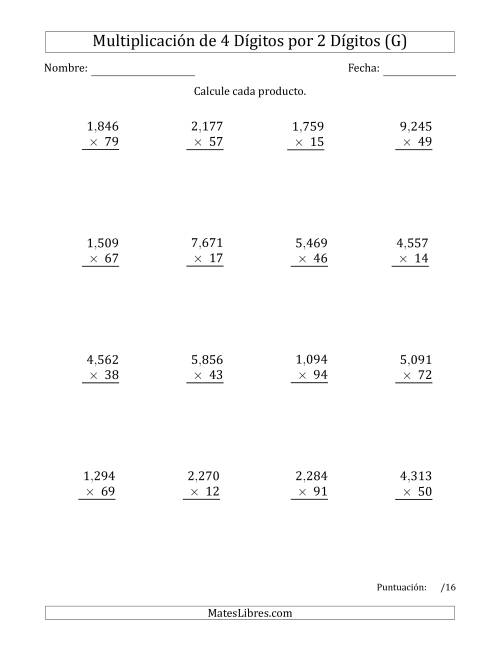 La hoja de ejercicios de Multiplicar Números de 4 Dígitos por 2 Dígitos Usando Comas como Separadores de Millares (G)