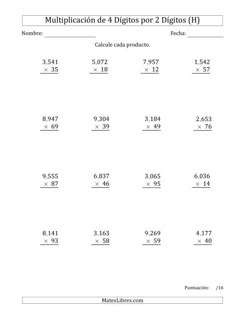 La hoja de ejercicios de Multiplicar Números de 4 Dígitos por 2 Dígitos Usando Comas como Separadores de Millares (H)