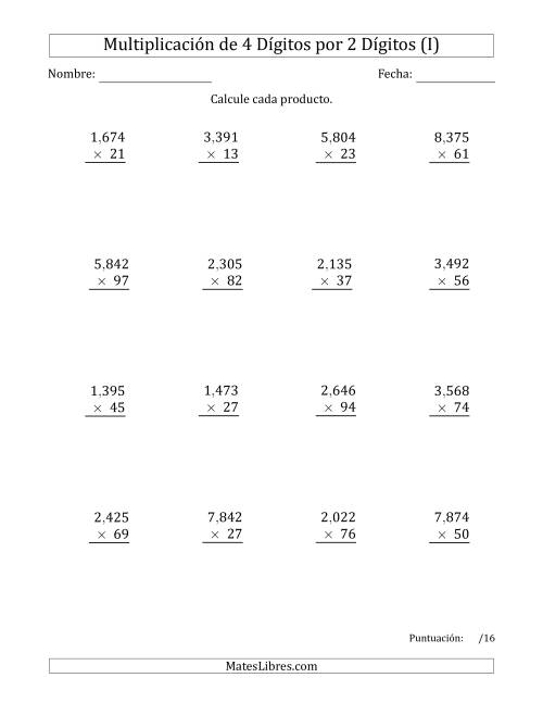 La hoja de ejercicios de Multiplicar Números de 4 Dígitos por 2 Dígitos Usando Comas como Separadores de Millares (I)