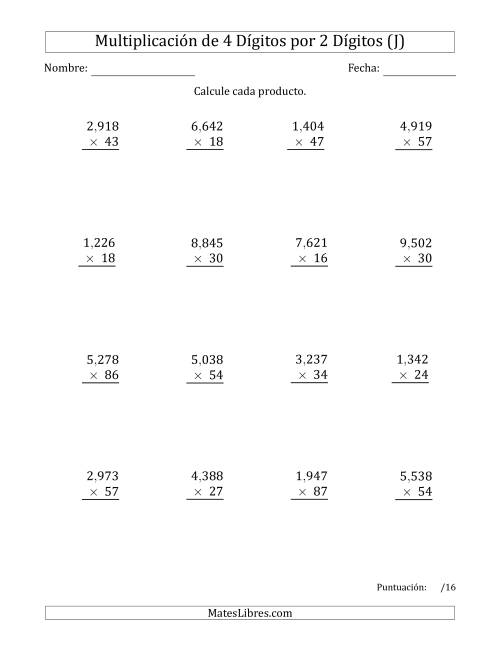 La hoja de ejercicios de Multiplicar Números de 4 Dígitos por 2 Dígitos Usando Comas como Separadores de Millares (J)