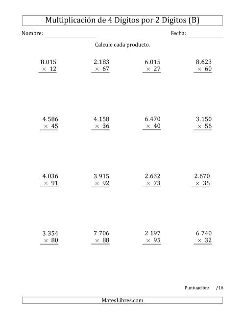 La hoja de ejercicios de Multiplicar Números de 4 Dígitos por 2 Dígitos Usando Puntos como Separadores de Millares (B)