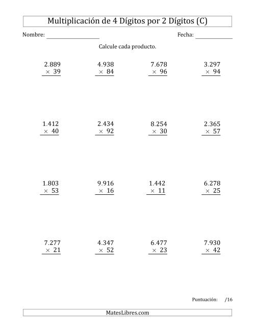 La hoja de ejercicios de Multiplicar Números de 4 Dígitos por 2 Dígitos Usando Puntos como Separadores de Millares (C)
