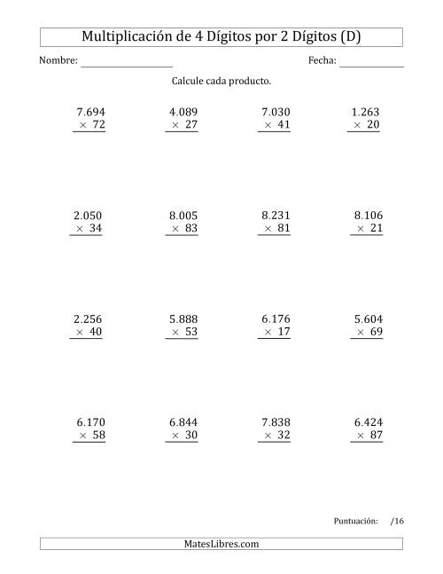 La hoja de ejercicios de Multiplicar Números de 4 Dígitos por 2 Dígitos Usando Puntos como Separadores de Millares (D)
