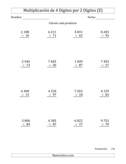 La hoja de ejercicios de Multiplicar Números de 4 Dígitos por 2 Dígitos Usando Puntos como Separadores de Millares (E)