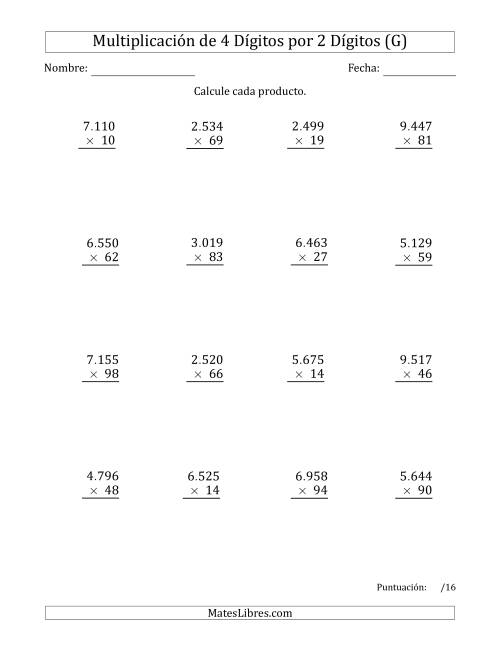 La hoja de ejercicios de Multiplicar Números de 4 Dígitos por 2 Dígitos Usando Puntos como Separadores de Millares (G)