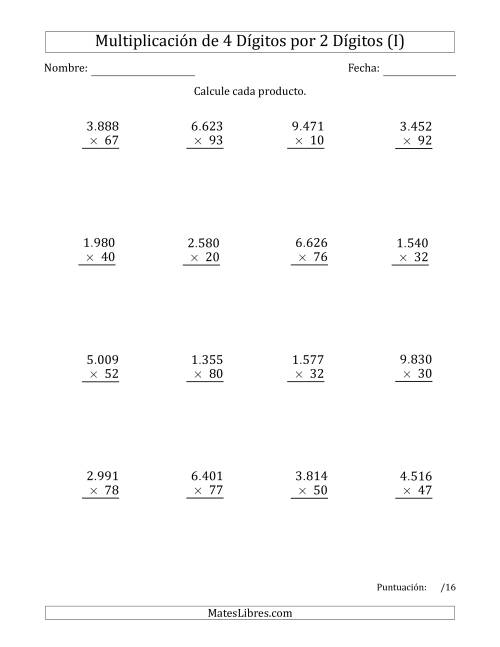 La hoja de ejercicios de Multiplicar Números de 4 Dígitos por 2 Dígitos Usando Puntos como Separadores de Millares (I)