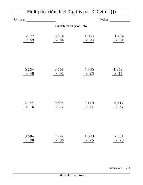 La hoja de ejercicios de Multiplicar Números de 4 Dígitos por 2 Dígitos Usando Puntos como Separadores de Millares (J)