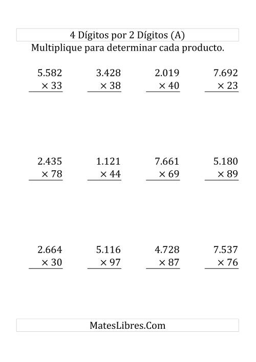 La hoja de ejercicios de Multiplicación Larga, Producto de Cuatro Dígitos por Dos Dígitos (Grande)