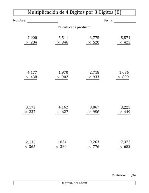 La hoja de ejercicios de Multiplicar Números de 4 Dígitos por 3 Dígitos Usando Comas como Separadores de Millares (B)