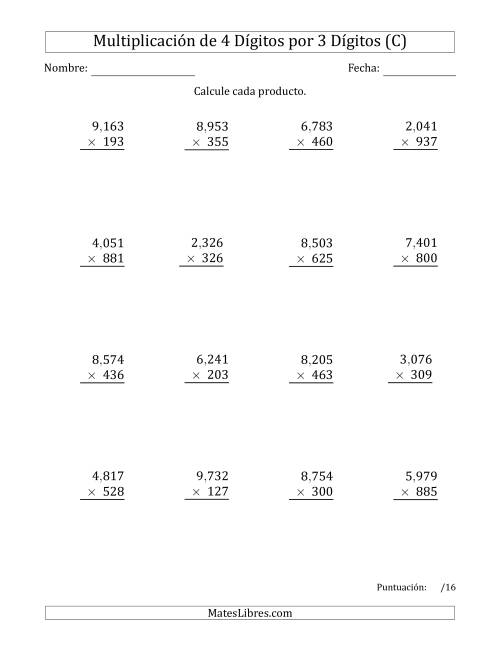 La hoja de ejercicios de Multiplicar Números de 4 Dígitos por 3 Dígitos Usando Comas como Separadores de Millares (C)