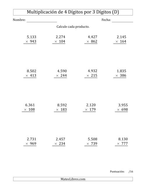 La hoja de ejercicios de Multiplicar Números de 4 Dígitos por 3 Dígitos Usando Comas como Separadores de Millares (D)