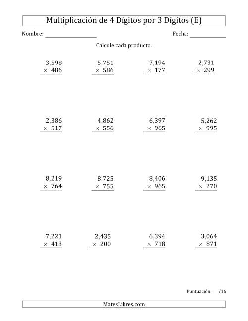 La hoja de ejercicios de Multiplicar Números de 4 Dígitos por 3 Dígitos Usando Comas como Separadores de Millares (E)