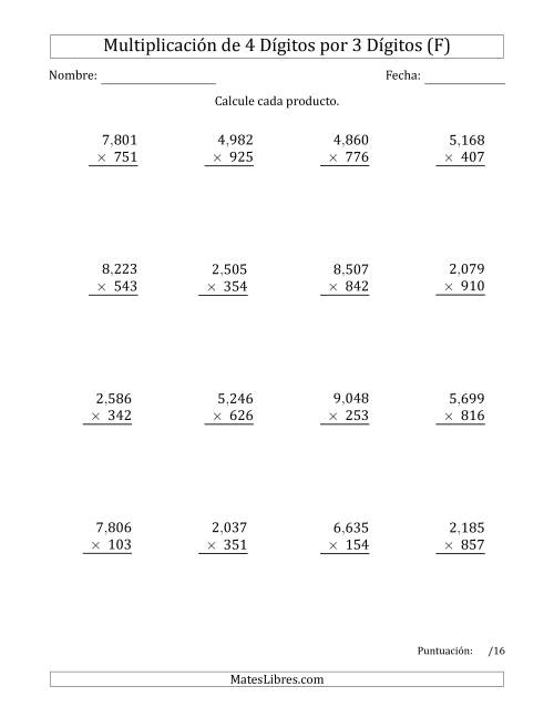 La hoja de ejercicios de Multiplicar Números de 4 Dígitos por 3 Dígitos Usando Comas como Separadores de Millares (F)