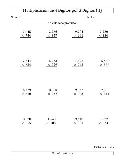 La hoja de ejercicios de Multiplicar Números de 4 Dígitos por 3 Dígitos Usando Comas como Separadores de Millares (H)