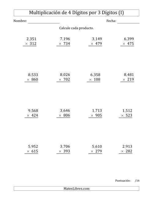 La hoja de ejercicios de Multiplicar Números de 4 Dígitos por 3 Dígitos Usando Comas como Separadores de Millares (I)