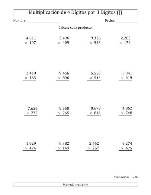 La hoja de ejercicios de Multiplicar Números de 4 Dígitos por 3 Dígitos Usando Comas como Separadores de Millares (J)