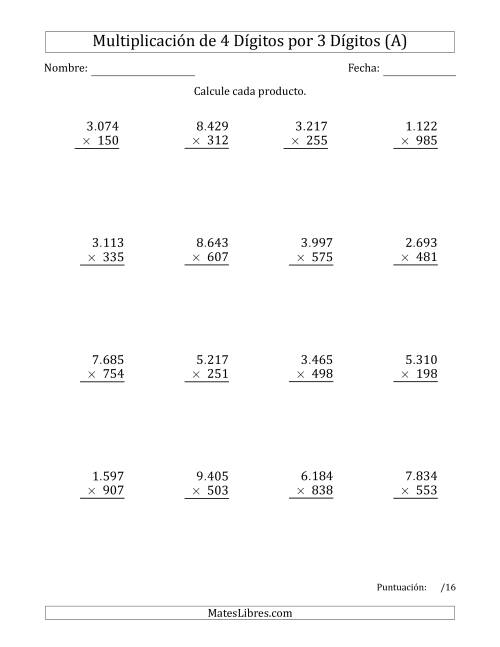 La hoja de ejercicios de Multiplicar Números de 4 Dígitos por 3 Dígitos Usando Puntos como Separadores de Millares (A)