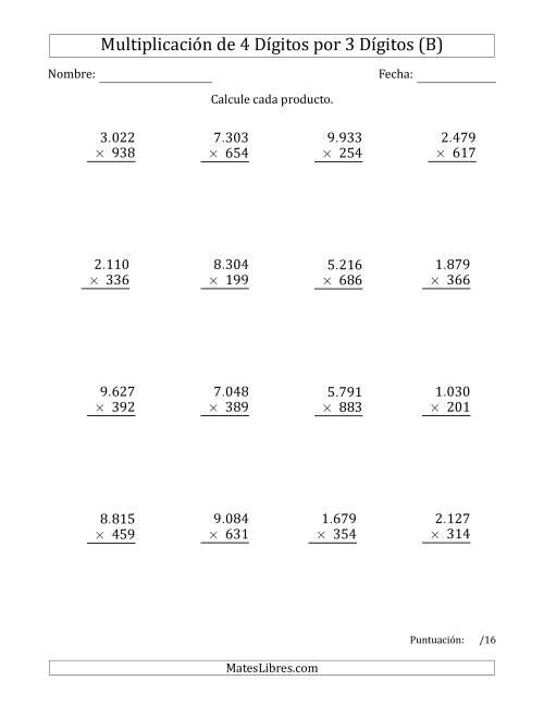 La hoja de ejercicios de Multiplicar Números de 4 Dígitos por 3 Dígitos Usando Puntos como Separadores de Millares (B)