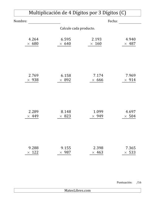 La hoja de ejercicios de Multiplicar Números de 4 Dígitos por 3 Dígitos Usando Puntos como Separadores de Millares (C)