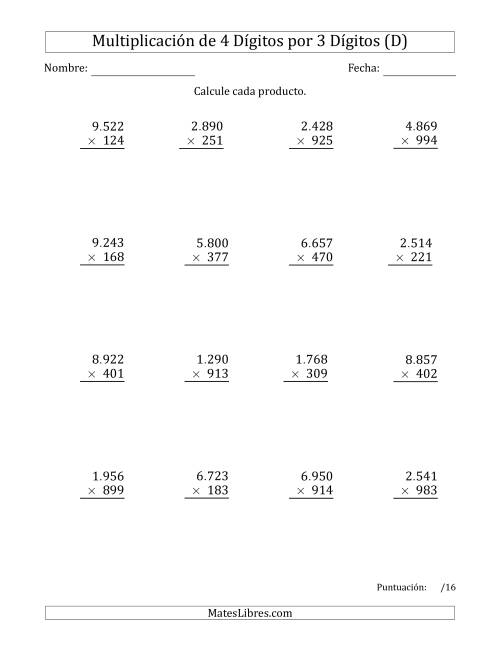 La hoja de ejercicios de Multiplicar Números de 4 Dígitos por 3 Dígitos Usando Puntos como Separadores de Millares (D)