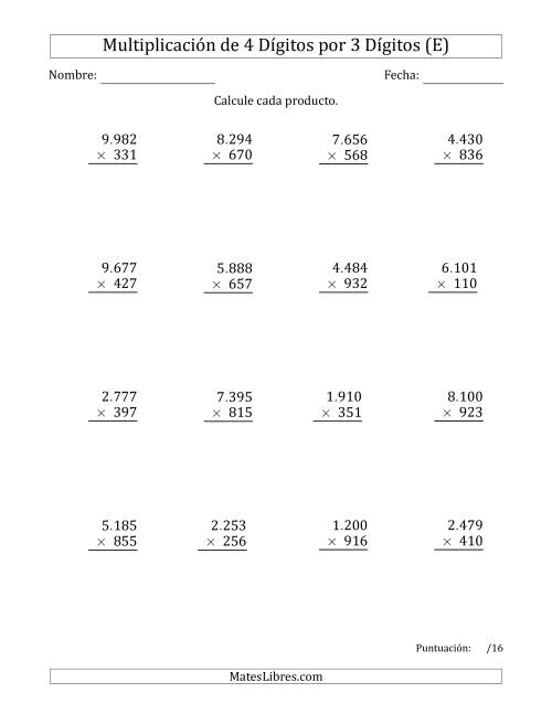 La hoja de ejercicios de Multiplicar Números de 4 Dígitos por 3 Dígitos Usando Puntos como Separadores de Millares (E)