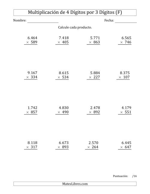 La hoja de ejercicios de Multiplicar Números de 4 Dígitos por 3 Dígitos Usando Puntos como Separadores de Millares (F)