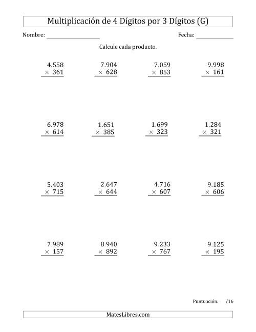 La hoja de ejercicios de Multiplicar Números de 4 Dígitos por 3 Dígitos Usando Puntos como Separadores de Millares (G)