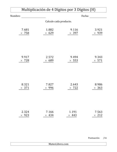 La hoja de ejercicios de Multiplicar Números de 4 Dígitos por 3 Dígitos Usando Puntos como Separadores de Millares (H)