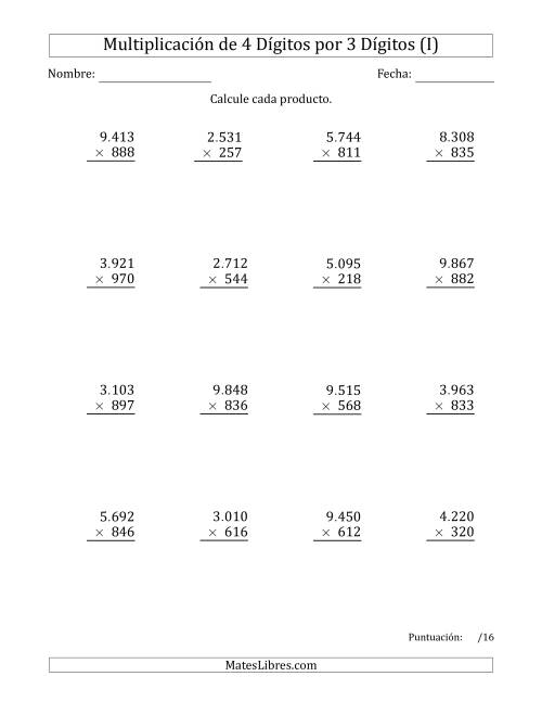 La hoja de ejercicios de Multiplicar Números de 4 Dígitos por 3 Dígitos Usando Puntos como Separadores de Millares (I)