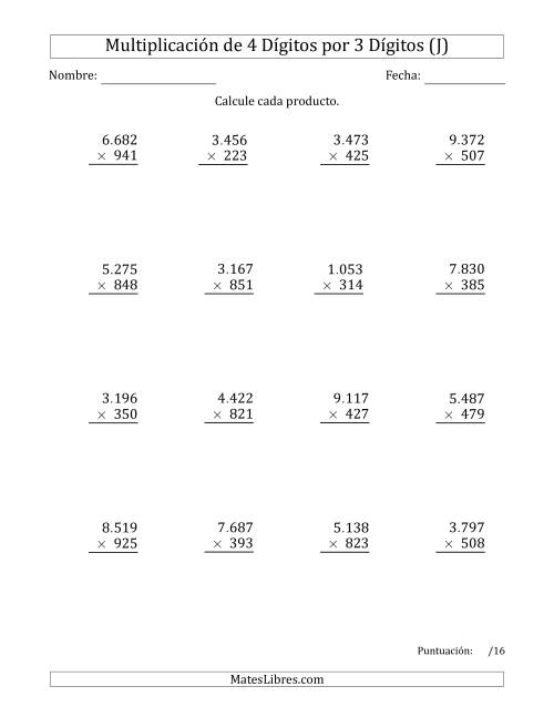 La hoja de ejercicios de Multiplicar Números de 4 Dígitos por 3 Dígitos Usando Puntos como Separadores de Millares (J)
