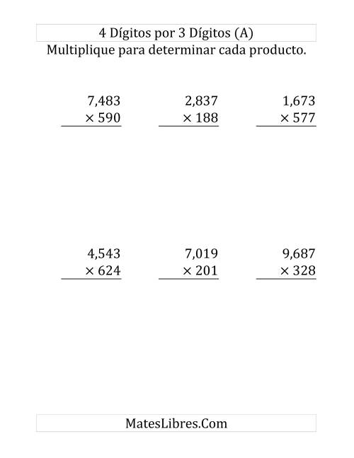 La hoja de ejercicios de Multiplicación Larga, Producto de Cuatro Dígitos por Tres Dígitos (Grande)