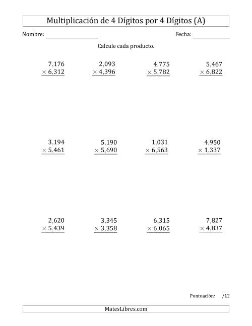 La hoja de ejercicios de Multiplicar Números de 4 Dígitos por 4 Dígitos Usando Comas como Separadores de Millares (A)
