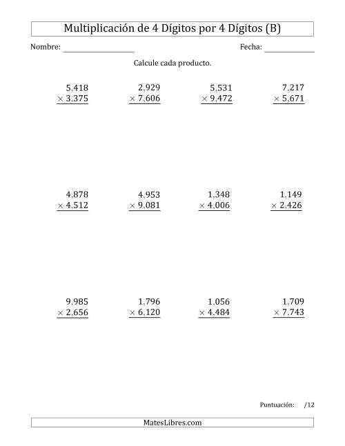 La hoja de ejercicios de Multiplicar Números de 4 Dígitos por 4 Dígitos Usando Comas como Separadores de Millares (B)