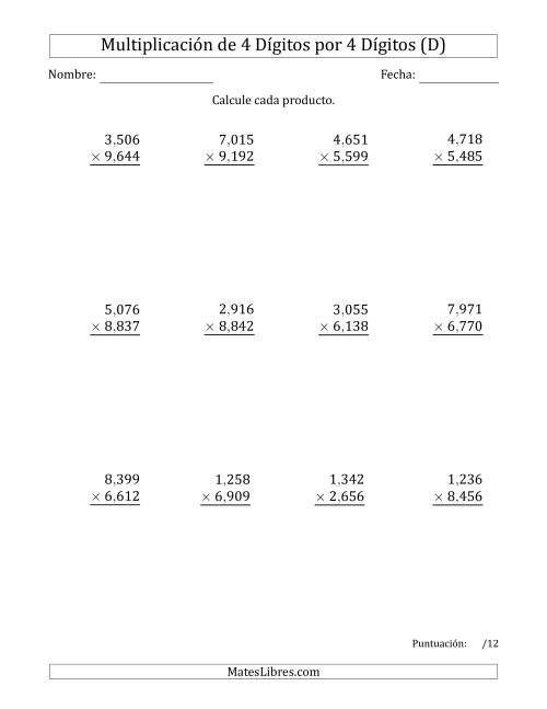 La hoja de ejercicios de Multiplicar Números de 4 Dígitos por 4 Dígitos Usando Comas como Separadores de Millares (D)
