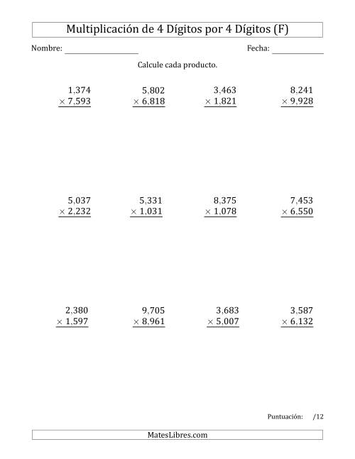 La hoja de ejercicios de Multiplicar Números de 4 Dígitos por 4 Dígitos Usando Comas como Separadores de Millares (F)