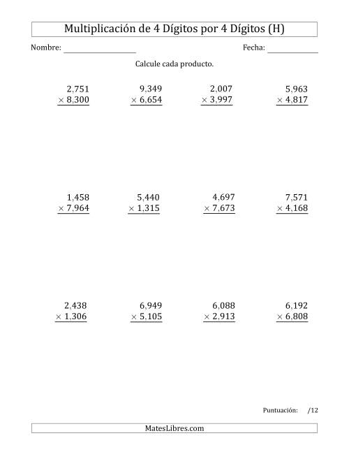 La hoja de ejercicios de Multiplicar Números de 4 Dígitos por 4 Dígitos Usando Comas como Separadores de Millares (H)