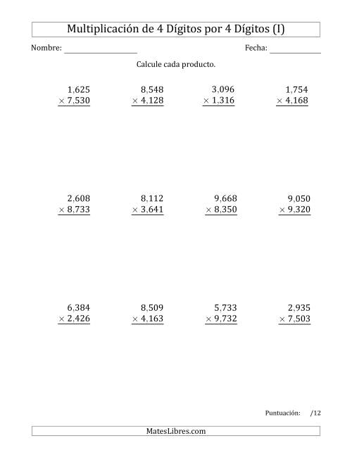 La hoja de ejercicios de Multiplicar Números de 4 Dígitos por 4 Dígitos Usando Comas como Separadores de Millares (I)
