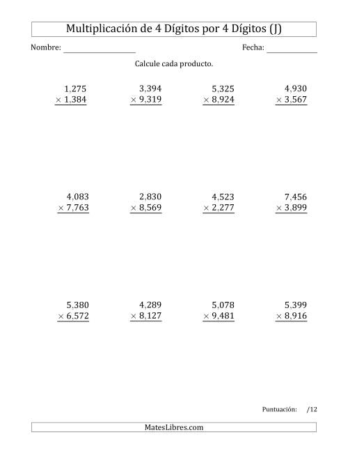 La hoja de ejercicios de Multiplicar Números de 4 Dígitos por 4 Dígitos Usando Comas como Separadores de Millares (J)