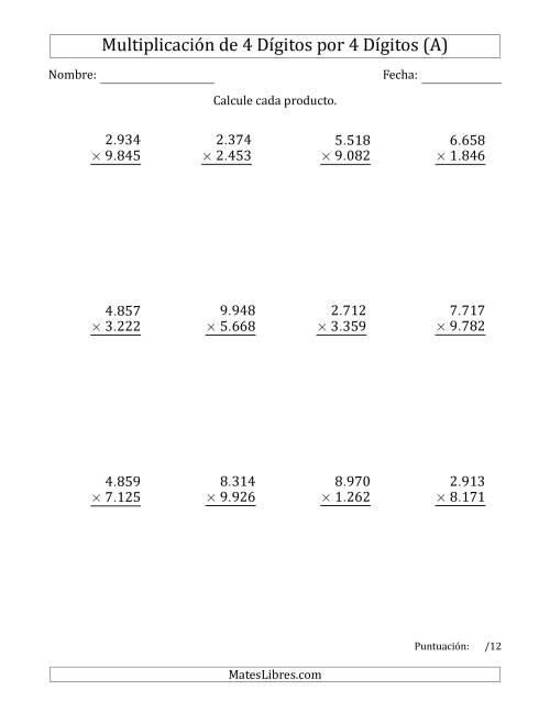 La hoja de ejercicios de Multiplicar Números de 4 Dígitos por 4 Dígitos Usando Puntos como Separadores de Millares (A)