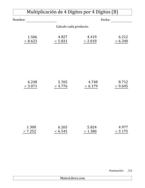 La hoja de ejercicios de Multiplicar Números de 4 Dígitos por 4 Dígitos Usando Puntos como Separadores de Millares (B)