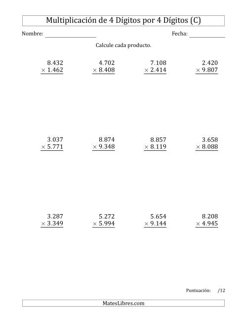 La hoja de ejercicios de Multiplicar Números de 4 Dígitos por 4 Dígitos Usando Puntos como Separadores de Millares (C)