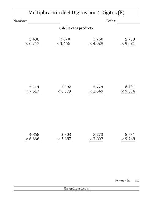 La hoja de ejercicios de Multiplicar Números de 4 Dígitos por 4 Dígitos Usando Puntos como Separadores de Millares (F)
