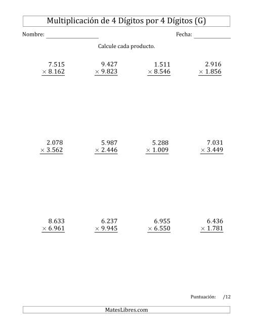 La hoja de ejercicios de Multiplicar Números de 4 Dígitos por 4 Dígitos Usando Puntos como Separadores de Millares (G)