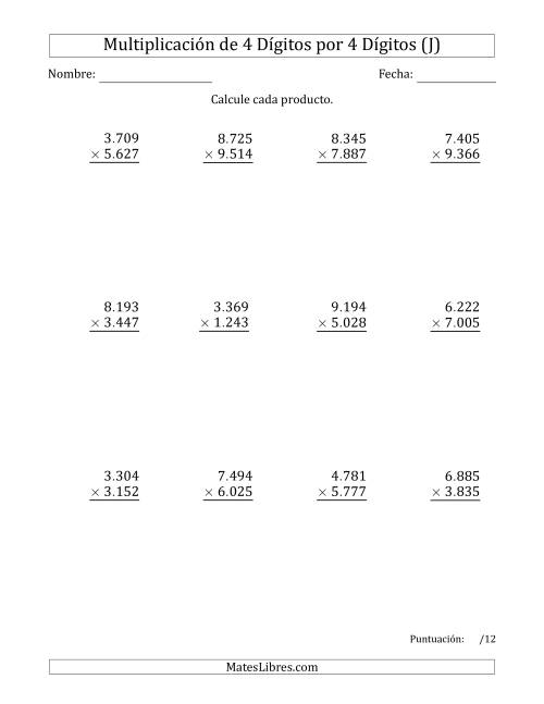 La hoja de ejercicios de Multiplicar Números de 4 Dígitos por 4 Dígitos Usando Puntos como Separadores de Millares (J)