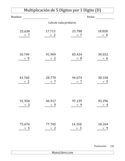 La hoja de ejercicios de Multiplicar Números de 5 Dígitos por 1 Dígito Usando Comas como Separadores de Millares (D)
