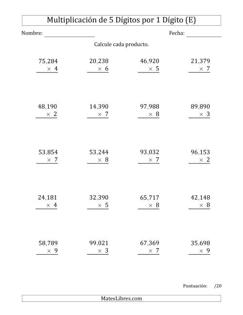 La hoja de ejercicios de Multiplicar Números de 5 Dígitos por 1 Dígito Usando Comas como Separadores de Millares (E)