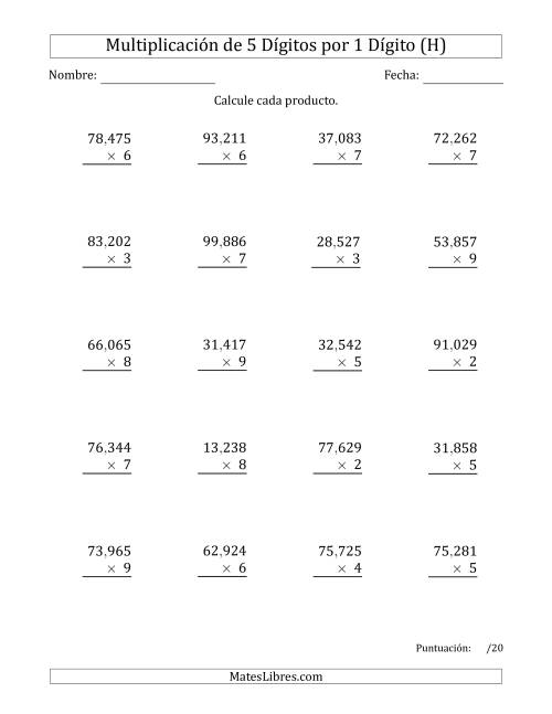 La hoja de ejercicios de Multiplicar Números de 5 Dígitos por 1 Dígito Usando Comas como Separadores de Millares (H)