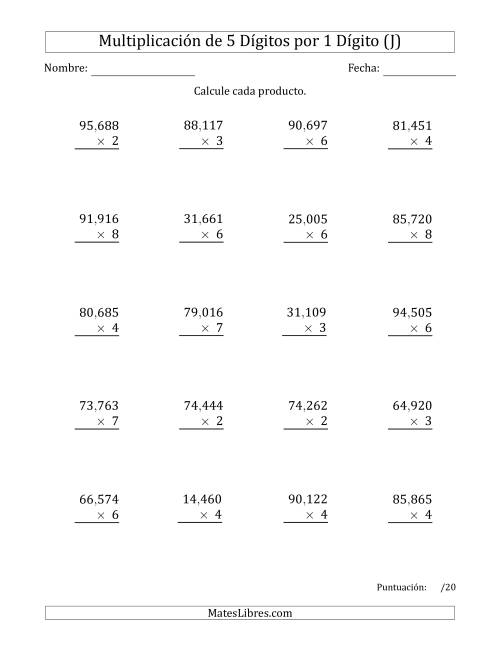 La hoja de ejercicios de Multiplicar Números de 5 Dígitos por 1 Dígito Usando Comas como Separadores de Millares (J)