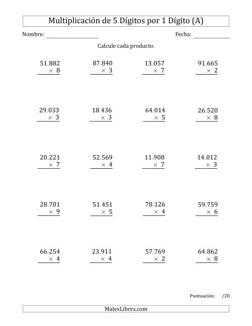 La hoja de ejercicios de Multiplicar Números de 5 Dígitos por 1 Dígito Usando Puntos como Separadores de Millares (A)
